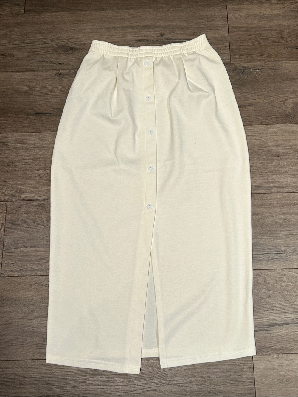 Button-Front Cream Midi Skirt with Center Slit